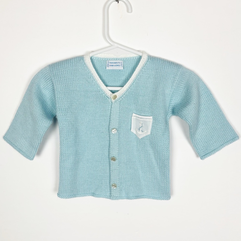 Vintage Hand Loomed Cardigan Sweater Blue Baby Boy Anchor Pocket